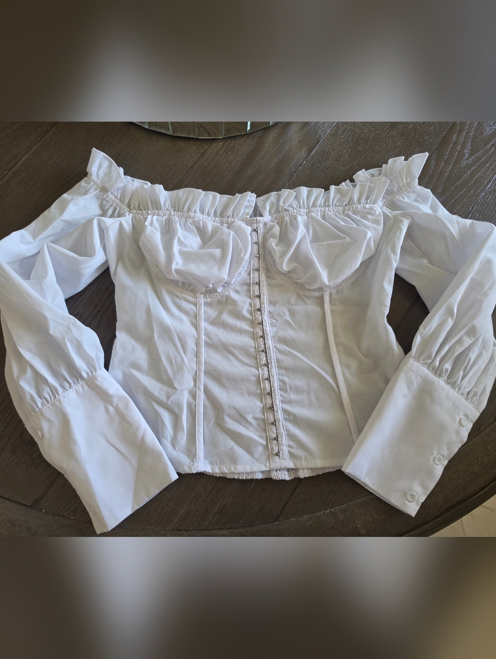 Fashion Nova White Off-Shoulder Corset Top with Ruffle Trim